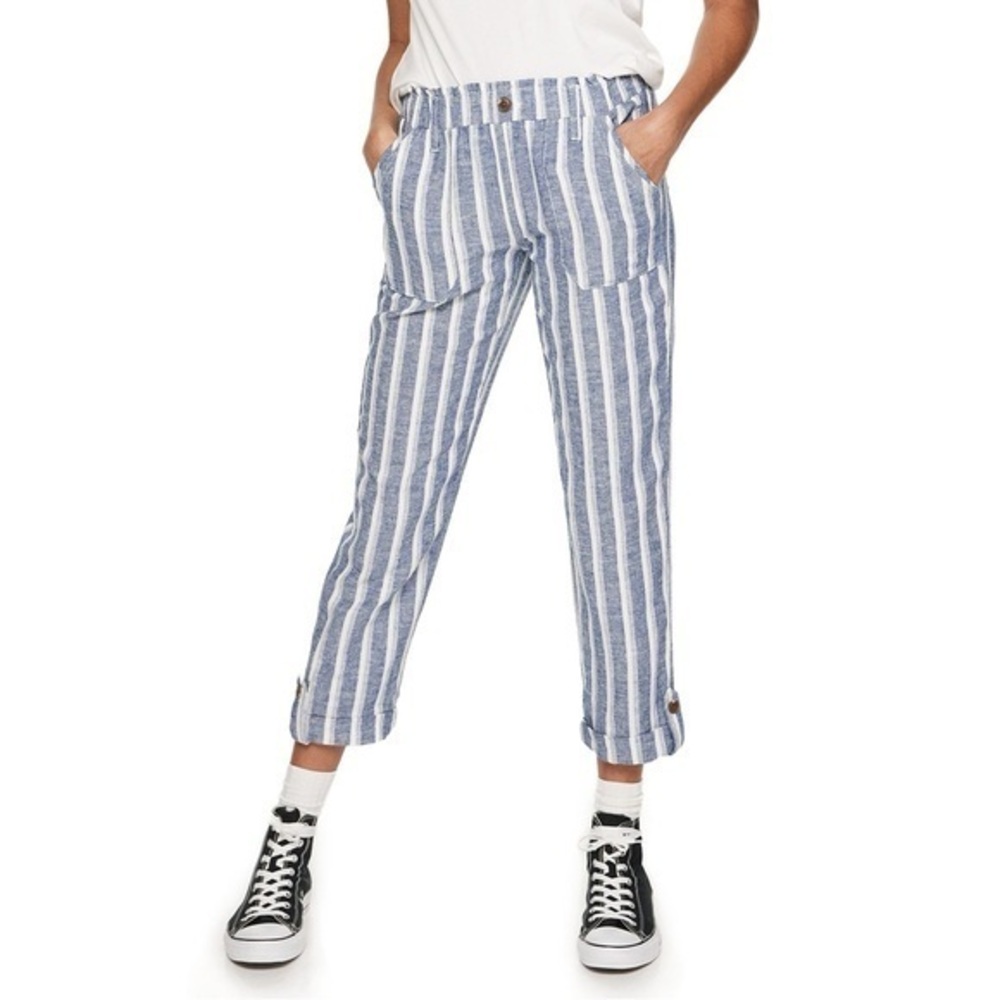 SO Blue Tapered Leg Linen Blend Coastal Preppy Lightweight Roll-Tab Pants Large